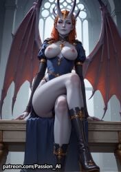 ai_generated ass baldur's_gate baldur's_gate_3 bare_breasts boots breasts cambion colored_skin crossed_legs demon demon_girl demon_wings female from_below horns larian_studios mizora nipples passion_ai red_eyes seductive seductive_look seductive_smile sitting
