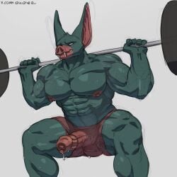 animal_head anthro balls bara barbell bat big_ears boner bulge dispatch_(game) erection erection_under_clothes exercise furry male male_only muscles muscular penis querq shirtless shorts solo solo_male sonar_(dispatch) sweat sweating weightlifting