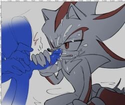 2boys anger_vein annoyed art_program_in_frame chest_tuft claws cumshot cumshot_on_face handjob kneeling kneeling_handjob lidded_eyes monochrome penis_out poking_penis red_eyes reluctant satosi_peter shadow_the_hedgehog sonadow sonic_(series) sonic_the_hedgehog sonic_the_hedgehog_(series) yaoi
