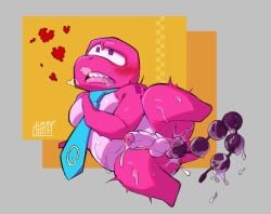 accessory anal anal_beads anal_beads_in_ass anal_penetration anthro anus balls blush blush_lines bodily_fluids butt digital_media_(artwork) dinosaur gameoverse genital_fluids genitals glitch_productions gobbles_(gameoverse) heart_symbol lemonzealot male male_penetrated mostly_nude necktie necktie_only object_in_ass penetration penis pink_body prehistoric_species reptile scalie sex_toy sex_toy_in_ass sex_toy_insertion signature simple_background solo tail tongue