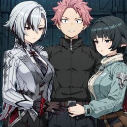 natsu_dragneel fairy_tail arlecchino_(genshin_impact) genshin_impact jane_doe_(zenless_zone_zero) zenless_zone_zero ai_generated haremoverlord 2girls 1boy teasing handjob