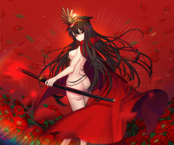 1girl absurdres ass bad_id bad_pixiv_id black_hair breasts cape closed_mouth convenient_censoring cowboy_shot cropped_legs fate/grand_order fate_(series) female_focus flower hat highres holding holding_sword holding_weapon long_hair looking_at_viewer medium_breasts naked_cape nude oda_nobunaga_(fate) oda_nobunaga_(koha-ace) petals popped_collar red_background red_cape red_eyes red_theme scabbard sheath smile solo sword twit_eg0 weapon katana