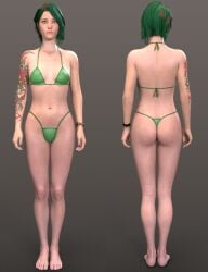 life_is_strange life_is_strange:_reunion chloe_price 3d daz_studio stormlux18 front_and_back bikini full_body female female_only tattoo arm_tattoo green_hair green_bikini swimsuit thong_bikini