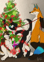 2014 absurd_res anal anal_penetration anthro anthro_on_anthro anthro_penetrated anthro_penetrating anthro_penetrating_anthro black_body black_fur black_nose blue_eyes brown_body brown_fur canid canine canis christmas christmas_tree dated domestic_dog entangled erection floppy_ears fox front_view fur genitals glistening glistening_eyes group hi_res holidays hufnaar kerchief knot looking_back male male/male male_penetrated male_penetrating male_penetrating_male mammal markings mouth_closed narrowed_eyes neckerchief neckwear nude open_mouth orange_body orange_eyes orange_fur penetration penile penile_penetration penis penis_in_ass plant red_kerchief red_neckerchief red_penis sex side_view signature sitting spread_legs spreading standing standing_sex tan_markings tree trio white_body white_fur