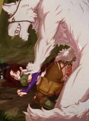 1boy 1girl anal_fingering animal_ears body_fur boots brown_boots brown_shorts clenched_teeth clothes_pull d-rex eyepatch fingering furry furry_with_non-furry highres interspecies original outdoors pants penis rape red_hair scar scar_across_eye scar_on_face sex sharp_teeth shorts shorts_pull tail teeth top-down_bottom-up torn_clothes torn_pants white_fur wolf_boy wolf_ears wolf_tail