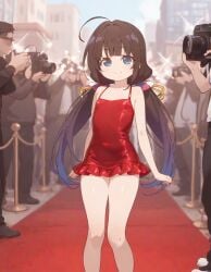 ai_generated bare_legs beautiful_girl blue_eyes brown_hair flat_chest heavenly_body hinatsuru_ai long_hair petite_female pretty_girl red_carpet sexy short_dress slim_girl slim_waist slutty_dress slutty_female temptation tempting_viewer