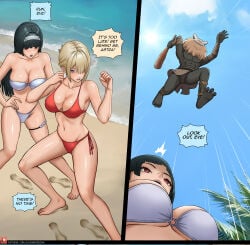1boy 2026 2girls alexander_dinh astra_yao bangs barefoot beach bikini black_hair blue_sky blunt_bangs blush breasts comic crossover dark_skin day dialogue english_text evelyn_chevalier female genshin_impact hairband hilichurls_(species) hime_cut hoyoverse large_breasts light-skinned_female light_skin long_hair looking_up male mihoyo multiple_girls navel red_bikini red_eyes sfw speech_bubble spoken_blush strapless swimsuit text thought_bubble zenless_zone_zero