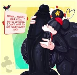 anthro big_breasts big_penis black_body breasts clothing disney duo english_text female genitals hat headgear headwear hi_res huge_breasts huge_penis licking male male/female mammal mickey_mouse minnie_mouse mouse murid murine oral penile penis penis_lick rabbit5gamer rodent sex text tongue vein veiny_penis