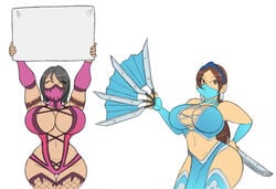 2d 2girls alien alien_girl armlet bare_shoulder big_breasts black_hair blue_legwear breasts busty cleavage cleavage_cutout curvy ear_piercing earrings fatfoxlower female female_only holding_sign kitana kitana_(mk9) long_hair mask midriff mileena mileena_(mk9) mortal_kombat mortal_kombat_(2011) multiple_females multiple_girls ninja piercing tiara voluptuous weapon wide_hips