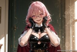 1girl solo breasts blush smile short_hair bangs large_breasts thighhighs gloves ribbon navel hair_between_eyes twintails jewelry closed_mouth nipples collarbone hair_ribbon pink_hair flower heart sidelocks thighs nude cowboy_shot earrings sky pointy_ears black_gloves elbow_gloves shiny black_thighhighs indoors pink_eyes stomach two_side_up shiny_skin symbol-shaped_pupils dutch_angle window black_ribbon skindentation night heart-shaped_pupils curtains head_wings star covering night_sky starry_sky shiny_clothes crossed_bangs lamp covering_crotch latex tsukishiro_yanagi zenless_zone_zero ai_generated kermixx