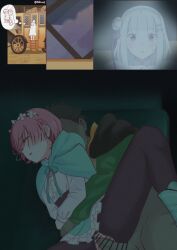 re:zero_kara_hajimeru_isekai_seikatsu ram_(re:zero) natsuki_subaru emilia_(re:zero) pink_hair black_hair silver_hair purple_eyes watching laying_down 1girls 1boy 2girls 1boy1girl female male straight female_focus green_clothing white_clothing fucking breasts breasts_out visible_pussy visible_nipples visible_breath nipples ripped_clothing ripped_clothes ripped_pantyhose ripped_stockings ripping_clothing sex_through_clothes stockings penis penetration penis_in_pussy penile_penetration vaginal_penetration vagina vaginal vaginal_sex vaginal_insertion pussy pussy_penetration cum cum_inside cum_in_pussy cum_drip cum_dripping cum_dripping_out_of_pussy ristarx1