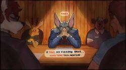 animal_head anthro bara bat big_ears dispatch_(game) fanofthefurr furry male male_only muscles muscular robert_robertson sonar_(dispatch) speech_bubble steamy_breath suit sweat sweating