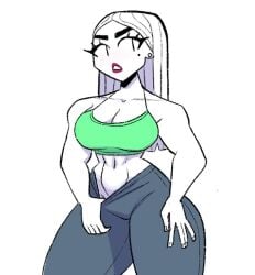 vanillasketchy original original_character tagme white_hair white_background white_body long_hair earrings beauty_mark topwear breasts cleavage slim_waist navel leggings tight_clothing wide_hips thick_thighs pulling_down_pants