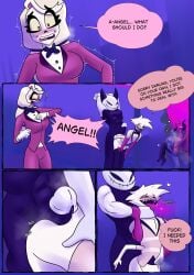 evil_raccoon comic comic_page hazbin_hotel vivienne_medrano vivziepop charlie_morningstar_(hazbin_hotel) angel_dust_(hazbin_hotel) long_penis gay gay_sex choking ahegao ahe_gao big_breasts long_hair dialogue orgy