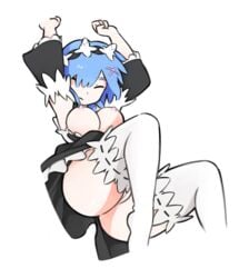 arms_up ass blue_hair breasts breasts_out closed_mouth detached_sleeves dress_pull female frills full_body hair_ornament hair_over_one_eye hair_ribbon huge_ass knees_up labia large_breasts maid maid_headdress miniskirt nipples no_panties on_back pussy re:zero_kara_hajimeru_isekai_seikatsu rem_(re:zero) short_hair simple_background simx skirt socks solo stretching thick_thighs thighhighs thighs uncensored upskirt white_background white_skin wide_hips