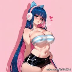1girl 2026 ai_generated anime arm_behind_back bangs bare_shoulders black_shorts blue_bow blue_eyes blue_hair blunt_bangs blush boobs bow breasts cleavage colored_inner_hair cowboy_shot crossover earmuffs eye_contact female female_focus flushed hair_bow hand_on_hip heart highres huge_breasts large_breasts lip_biting lips long_hair looking_at_viewer midriff multicolored_hair navel nsfw panty_&_stocking_with_garterbelt parted_lips patreon patreon_username pink_background pink_hair rognezart shiny_skin short_shorts shorts simple_background skindentation smile smiling solo stocking_(psg) stocking_anarchy strapless striped thick_thighs thighs tube_top two-tone_hair very_long_hair