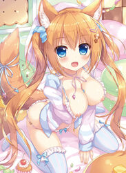 :d ameto_yuki animal_ears areolae bangs bed_sheet between_breasts between_legs blue_bow blue_eyes blush bow bow_legwear bow_panties bra breasts cat_ears cat_girl cat_tail clothes_between_breasts collarbone cute_fang dengeki_moeou eyebrows_visible_through_hair female frilled_bra frilled_panties frills from_above hair_between_eyes hair_ornament hair_scrunchie hairclip hand_between_legs hand_up highres indoors large_breasts long_hair long_sleeves looking_at_viewer nail_polish neck_ribbon nipples on_bed open_clothes open_mouth open_shirt orange_hair original panties pillow pink_nails pink_ribbon ribbon scrunchie shirt sitting sitting_on_bed sleeves_past_wrists smile solo striped striped_legwear tail tail_ribbon thighhighs tied_hair twintails underwear underwear_only vertical-striped_legwear vertical_stripes very_long_hair wariza