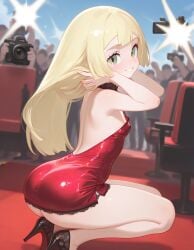 ai_generated bare_legs beautiful_girl blonde_female flat_chest focus_on_ass green_eyes heavenly_ass heavenly_body lillie_(pokemon) long_hair petite_female pretty_girl red_carpet sexy short_dress slim_girl slim_waist slutty_dress slutty_female temptation tempting_viewer