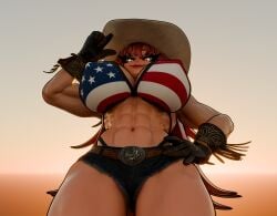 3d 3d_(artwork) 4k abs american_flag_bikini big_breasts bikini_top blender blender_(software) chaoslord cowboy_hat cowboy_outfit daisy_dukes fit_female huge_breasts leather_gloves looking_down nipple_bulge panty_straps red_hair red_lipstick smiling smiling_at_viewer snake_eyes sunset sweat sweating tagme tall_female text thick thick_thighs virtual_youtuber voluptuous_female vtuber wet_body wide_hips yellow_eyes zentreya zentreya_(cowboy_bikini)