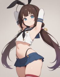 ai_generated beautiful_girl blue_eyes brown_hair bunny_ears cosplay crop_top exposed_belly gloves hinatsuru_ai long_socks miniskirt petite_female pretty_girl sexy skinny_female slim_female slim_waist slutty_body slutty_female temptation tempting_viewer thong white_skin