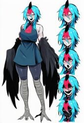 1girls ai_generated assasian cassowary charlotte_kallister harpy kortai model novelai original_character reference_sheet tagme