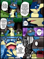 2boys anthro armpits bush canine colored comic duo edit english_text forest frog fur furry greninja hands-free heart hi_res interspecies kivwolf lucario male male_only nintendo outside pokemon pokemon_(species) pokemon_dppt pokemon_xy red_eyes redoxx shocked solo sweat teeth text tree video_games