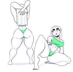 vanillasketchy original original_character tagme back_view front_view white_hair white_background white_body long_hair slim_waist underwear bra panties ass ass_focus wide_hips thick_thighs voluptuous barefoot arms_up hands_behind_head breasts cleavage navel fit fit_female spread_legs blush beauty_mark lipstick