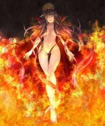 1girl arms_at_sides black_hair breasts brown_hair cape collarbone convenient_censoring fate/grand_order fate_(series) female_focus fire full_body grin hat hatori_mia koha-ace long_hair looking_at_viewer medium_breasts military_hat naked_cape navel nude oda_nobunaga_(fate) oda_nobunaga_(koha-ace) orange_eyes parted_lips peaked_cap red_eyes sidelocks smile solo very_long_hair