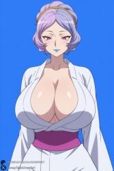 1female 1girl 1girls 2026 ai_generated artist_name beyblade beyblade_x big_ass big_breasts blue_background blue_lips breasts cleavage collarbone curvy hair_bun hi_res high_quality high_resolution highres huge_ass huge_breasts japanese_clothes kimono lipstick looking_at_viewer makeup patreon patreon_username purple_eyes purple_hair sash shiroboshi_omega short_hair simple_background smile solo unjobdespiert upper_body watermark