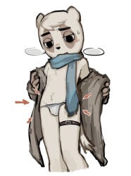 aggretsuko anai_(aggretsuko) anthro badger bodily_fluids bulge clothing exhibitionism genital_fluids hi_res japanese_badger male mammal meles mustelid musteline panties precum precum_through_clothing precum_through_underwear rusjerry sanrio scarf simple_background solo underwear wet wet_clothing white_background