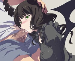 1boy akira02 bangs black_hair black_rock_shooter blunt_bangs blush breasts censored cum cum_in_mouth dark_penis dead_master eyebrows_visible_through_hair fellatio female green_eyes hand_on_another's_head horns medium_breasts mosaic_censoring nose_blush oral penis petite revision solo_focus tongue tongue_out