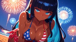 1girl aerial_fireworks ai_generated american_flag_bikini bare_shoulders beach bikini black_hair blue_eyes blue_hair blunt_bangs breasts cleavage closed_mouth collarbone colored_inner_hair dark-skinned_female dark_skin dutch_angle fireworks flag_print front-tie_bikini_top front-tie_top large_breasts leaning_forward long_hair looking_at_viewer minokai multicolored_hair night no_watermark o-ring o-ring_bikini ocean orginal_character outdoors patreon sarong self_upload sky smile solo swimsuit two-tone_hair water wet