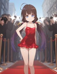 ai_generated bare_legs beautiful_girl blue_eyes brown_hair flat_chest heavenly_body hinatsuru_ai long_hair petite_female pretty_girl red_carpet sexy short_dress slim_girl slim_waist slutty_dress slutty_female temptation tempting_viewer