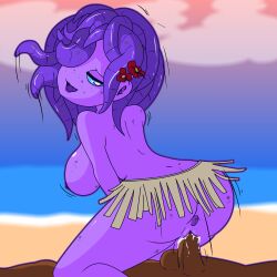 1girl 1boy purple_skin sex penis hetero breasts vaginal hair_flower girl_on_top cum colored_skin cum_in_pussy anus straddling blue_eyes large_breasts reverse_cowgirl_position hair_ornament tentacle_hair beach monster_girl freckles uncensored ass flower testicles solo_focus hair_over_one_eye sex_from_behind cowgirl_position purple_hair open_mouth pussy dark_skin looking_back smile ocean sideboob nude fringe_trim body_freckles topless disembodied_penis outdoors hibiscus awesomenauts coco_nebulon fleppyflepster