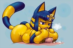 after_sex animal_crossing ankha annoyed anthro anthrofied areola bent_over big_breasts black_nose blue_background blue_eyes blue_fur blue_hair breast_squish breasts breath cum cum_on_self cum_on_stomach cum_string duo erect_nipples eyelashes feline female fur gold_nipples hair half-closed_eyes hand_on_breast huge_breasts human human_on_anthro humanoid_penis male male_human/female_anthro male_on_anthro mammal nintendo nipples nude open_mouth paizuri penis premature_ejaculation sex sigh simple_background slightly_chubby solo_focus straight teckworks teeth unseen_male_face unwanted_cumshot video_games yellow_fur yellow_nipples