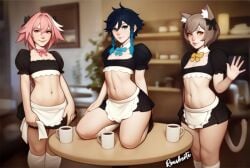 rousherte tagme self_upload commission ai_generated variant_set trans intersex femboy_only femboy 3femboys 3boys cafe maid_uniform waitress coffee coffee_mug high_socks venti_(genshin_impact) genshin_impact astolfo_(fate) fate_(series) fate/grand_order felix_argyle re:zero_kara_hajimeru_isekai_seikatsu flat_chested