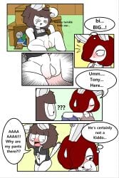 absurd_res anthro balls black_clothing black_shirt black_topwear blue_bottomwear blue_clothing blue_shorts blush bodily_fluids bottomless bottomless_anthro bottomless_male bottomwear box bra breasts brown_hair chinchilla chinchillid cleavage clothed clothing comic container detective_pikachu duo embarrassed embarrassing_nudity eyelashes female fence genitals grass hair hi_res lagomorph leporid male mammal penis plant rabbit red_hair rodent seeing_stars shirt short_hair shorts sports_bra spread_legs spreading sweat tail tears text tony_(tonytoran) tonytoran topwear towel trisha_(tonytoran) unconscious underwear workout_clothing