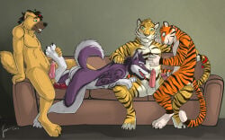 16:10 2014 anthro anthro_on_anthro balls black_stripes blue_eyes bodily_fluids canid canine canis cum cum_string dated domestic_dog felid front_view fur furniture genital_fluids genitals green_eyes grin group hi_res hufnaar hufnaar_(character) husky inside male male/male mammal markings nordic_sled_dog nude on_sofa pantherine penis penis_backwards pink_penis purple_body purple_fur red_penis side_view signature smile sofa spitz spread_legs spreading striped_arms striped_legs striped_markings striped_tail stripes tail tail_markings tiger ulbrek white_balls white_body white_fur widescreen witus yellow_balls yellow_body yellow_eyes yellow_fur