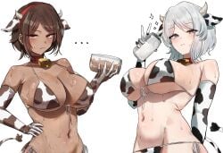 2girls big_breasts blush breasts brown_hair busty busty_female chocolate_and_vanilla chocolate_milk cleavage cow_ears cow_print_bikini cowbell_collar curvy curvy_female dark-skinned_female faust_(limbus_company) female hourglass_figured_female large_breasts limbus_company milk milk_bottle multiple_girls outis_(limbus_company) pale-skinned_female project_moon short_hair slightly_annoyed sweaty sweaty_body tomboyish tomosaka v_line white_hair