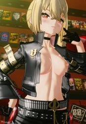 hoyoverse zenless_zone_zero 1girls solo female_only 3d blender highres yuzuri7 luciana_de_montefio standing looking_at_viewer vest shorts belt bare_breasts exposed_breasts choker gloves red_eyes blonde_hair side_ponytail ponytail breasts nipples indoors smug blush smirk looking_down blonde_female belly midriff solo_female breasts_out female pose