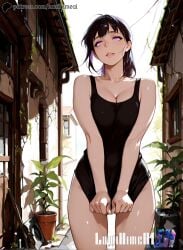 ai_generated alleyway anime_style black_bodysuit black_hair blush bodysuit_aside breasts_focus buildings city close-up clothing_aside daylight detailed_background dripping en'en_no_shouboutai enen_no_shouboutai explicit fire_force hands_on_own_crotch large_breasts legs_apart legs_spread looking_at_viewer low_angle lumihimeai nipples nsfw oily_skin outdoors oze_maki presenting_pussy pulling_clothing purple_eyes pussy pussy_focus pussy_juice seductive_smile shiny_skin short_hair spread_legs spread_pussy standing wet_pussy