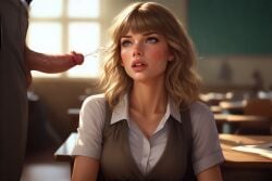1boy 1girls after_school ai_generated bent_penis big_cock big_dick big_penis blonde blonde-haired_female blonde_female blonde_hair blonde_hair_female blue_eyes blush blush_face blushed_face blushing blushing_female classroom classroom_background classroom_desk classroom_setting cum_on_face cumshot erect_cock erect_dick erect_penis erection punished punishment retention straight student student-teacher student_and_teacher taylor_swift white_shirt