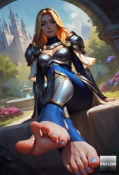 1girls foot_focus lux_(league_of_legends) feet toes blonde_hair toenails soles armor foreshortening breasts solo nail_polish blue_eyes toenail_polish sitting stirrup_legwear parted_bangs blue_nails toeless_legwear looking_at_viewer shoulder_armor long_hair cleavage presenting_foot no_shoes hairband outdoors forehead breastplate legs smile bodysuit cleavage_cutout sky medium_breasts arm_support closed_mouth lips blue_bodysuit full_body barefoot dutch_angle clothing_cutout ai_generated stable_diffusion philon luxanna_crownguard league_of_legends