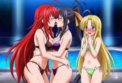 3girls ai_generated akeno_himejima asia_argento big_ass big_breasts bikini blush blushing_female breasts_to_breasts breasts_touching_each_other closed_eyes curvy_female female_only high_school_dxd kissing lesbian lesbian_kiss medium_breasts rias_gremory skinny_girl symmetrical_docking thick_thighs tongue_kiss wide_hips yuri
