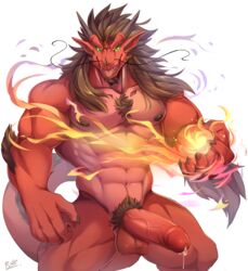 2017 abs anthro arm_tuft balls beard belly biceps big_biceps big_penis big_tail body_hair brown_hair brown_horn chest_hair claws dragon dripping erection facial_hair fire front_view green_eyes hair horn humanoid_penis long_hair long_tail magic male male_only muscular muscular_male nipples nude open_mouth pecs penis pink_tongue pose precum pubes rabbity red_skin red_tail scalie sharp_teeth simple_background sin_(varanis_ridari) snout solo standing tail_tuft teeth thick_tail thick_thighs tongue tuft vein veiny_penis western_dragon whiskers white_background