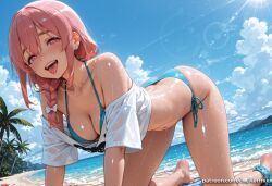 sakurasawa_sumi ai_generated kermixx 1girl solo long_hair breasts looking_at_viewer blush smile open_mouth bangs shirt navel cleavage bare_shoulders jewelry medium_breasts collarbone swimsuit white_shirt pink_hair braid bikini earrings outdoors sky barefoot day tongue cloud tongue_out pink_eyes off_shoulder tree blue_sky wet see-through side-tie_bikini_bottom ocean beach all_fours wet_clothes blue_bikini palm_tree stud_earrings wet_shirt