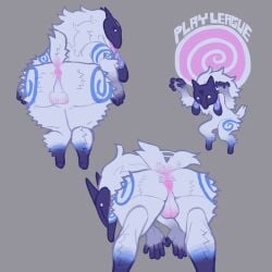 anthro anus black_body black_fur blue_body blue_fur butt fur genitals hi_res kindred lamb_(league_of_legends) league_of_legends male mask penis presenting presenting_anus presenting_hindquarters puppywizardd riot_games simple_background solo tencent white_body white_fur