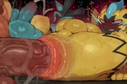 abdominal_bulge ahegao anal anthro balls big_penis bodily_fluids ejaculation generation_4_pokemon generation_7_pokemon genitals heart_symbol hi_res huge_penis hyper hyper_genitalia hyper_penis japanese_text legendary_pokemon looking_pleasured lucario male male/male nintendo onomatopoeia penis pokemon pokemon_(species) sound_effects sweat syuro text yellow_body zeraora
