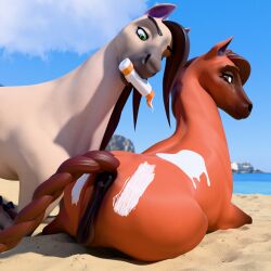 3d_(artwork) beach blender_(artwork) brown_eyes brown_hair digital_media_(artwork) duo equid equine female feral fur green_eyes hair hi_res horse looking_back_at_self lying male male/female mammal orange_body orange_fur outside sunscreen whorse_3d