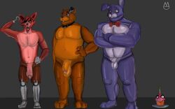 2026 animatronic anthro bear big_penis blue_body blue_fur bonnie_(fnaf) bow_tie bow_tie_only brown_body brown_fur canid canine comparing comparing_penis cupcake_(fnaf) digital_drawing_(artwork) digital_media_(artwork) eye_patch eyewear five_nights_at_freddy's fox foxy_(fnaf) freddy_(fnaf) fur genitals group hi_res lagomorph leporid machine male male_only mammal moonydoony mostly_nude nude penis rabbit red_body red_fur robot scottgames simple_background trio
